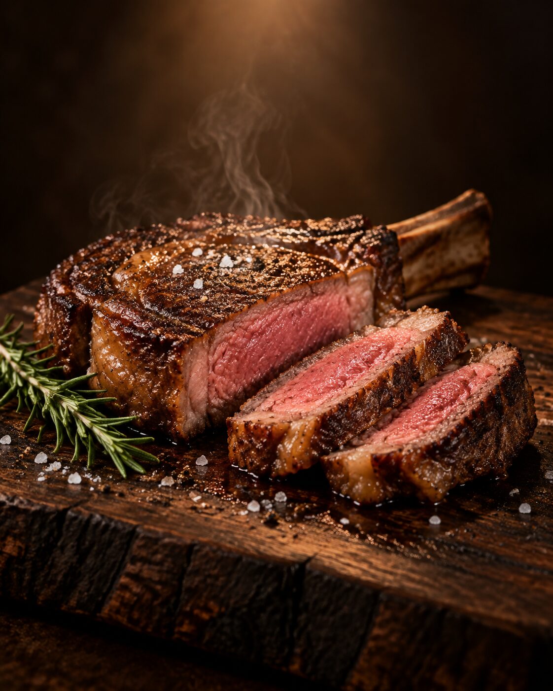 Seared dry-aged ribeye on a charred board
