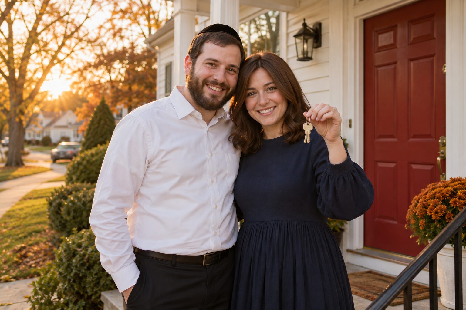 Young couple holding keys on the porch of their new home
