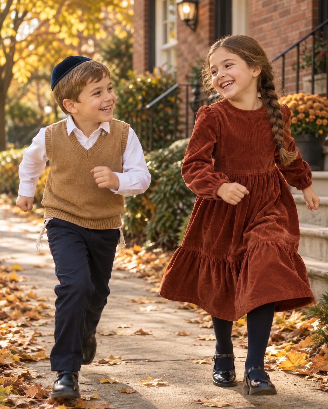 Brother and sister running on an autumn sidewalk