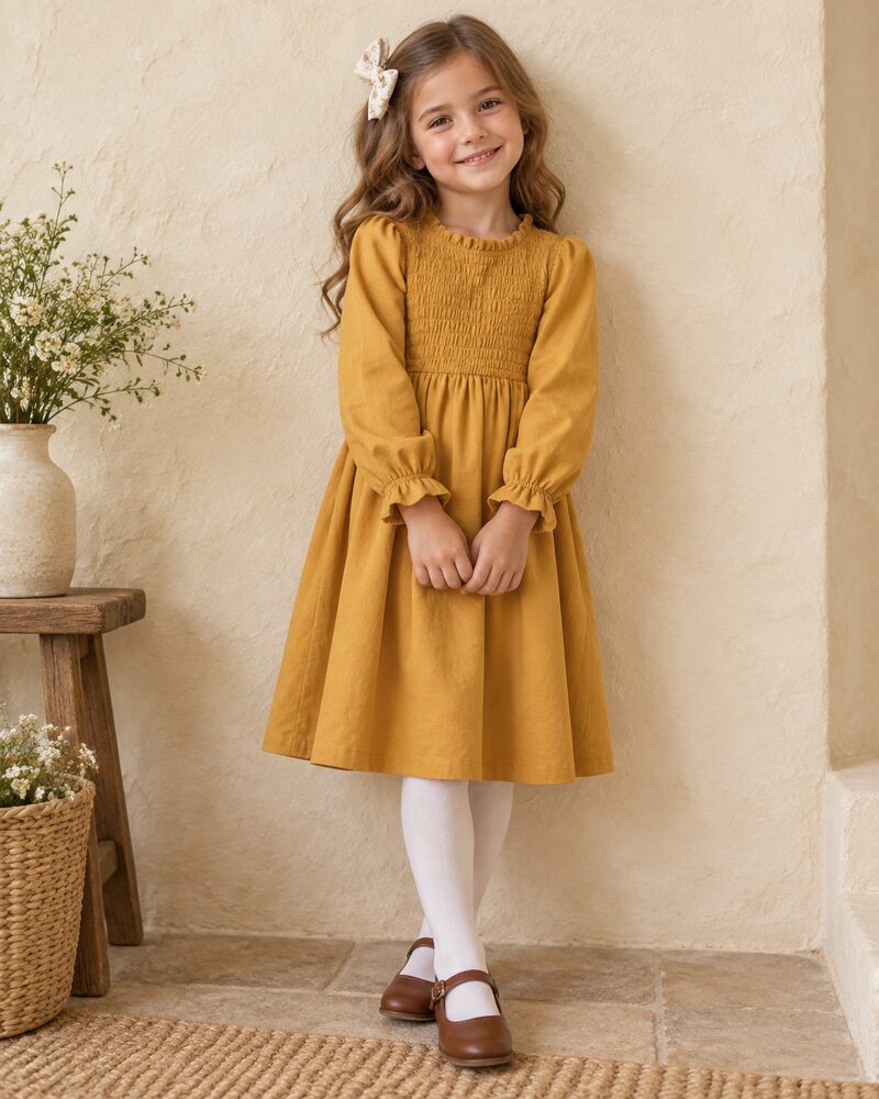 Girl in mustard smocked dress