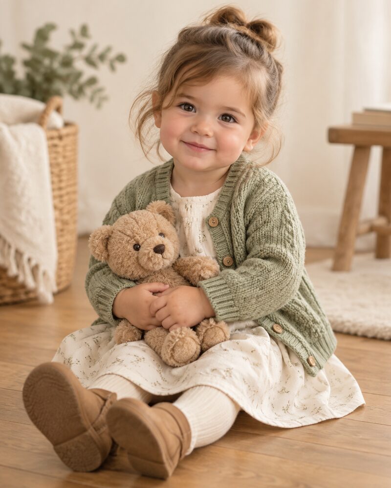 Toddler in sage cardigan