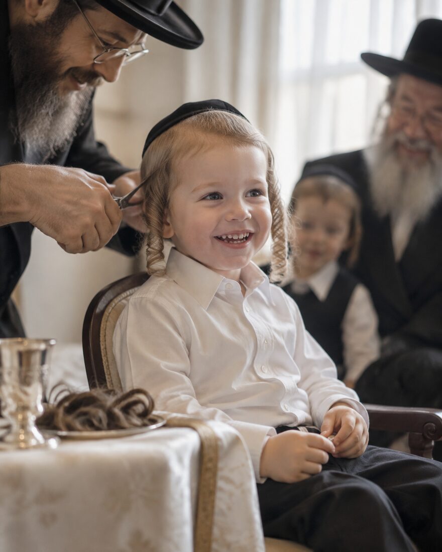 Boy smiling at his upsherin