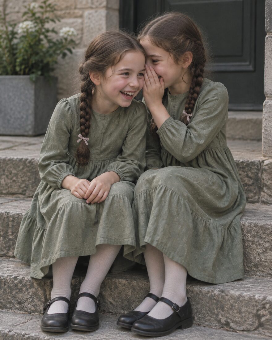 Two sisters laughing on a step