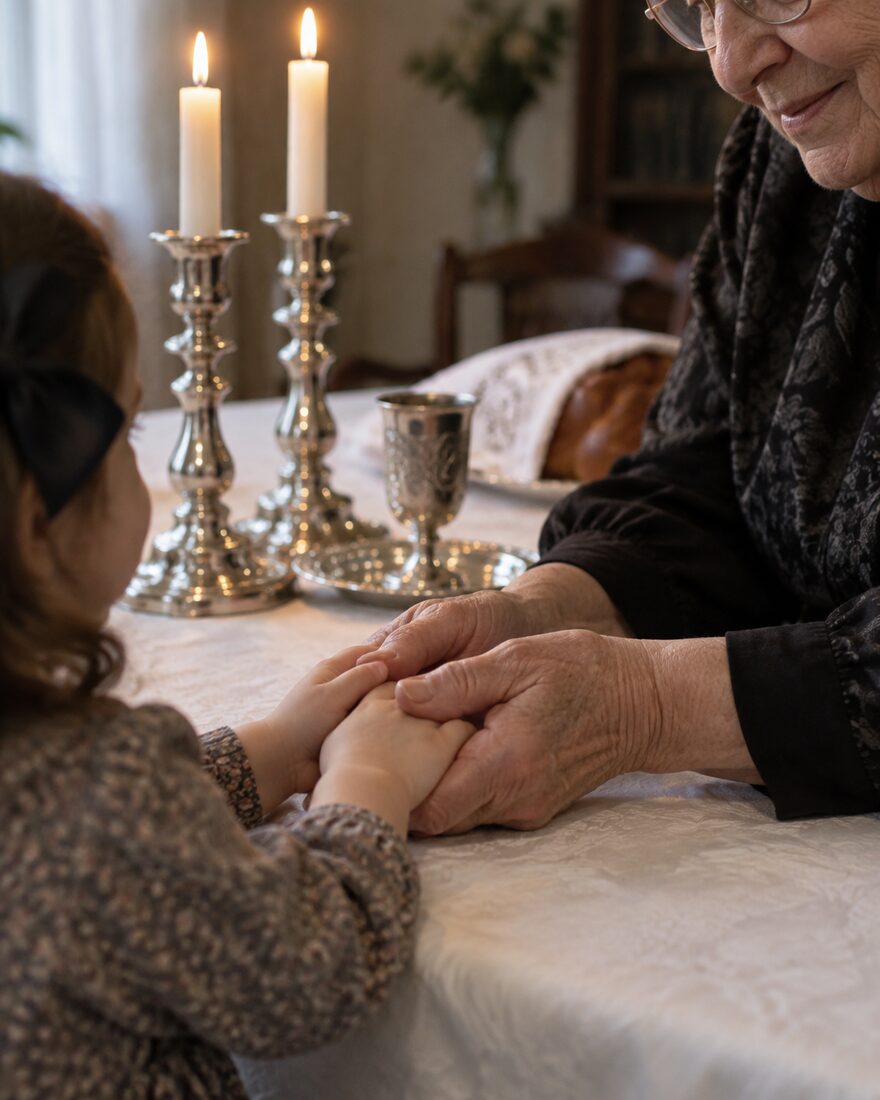 Grandmother holding a child's hands by the Shabbos candles
