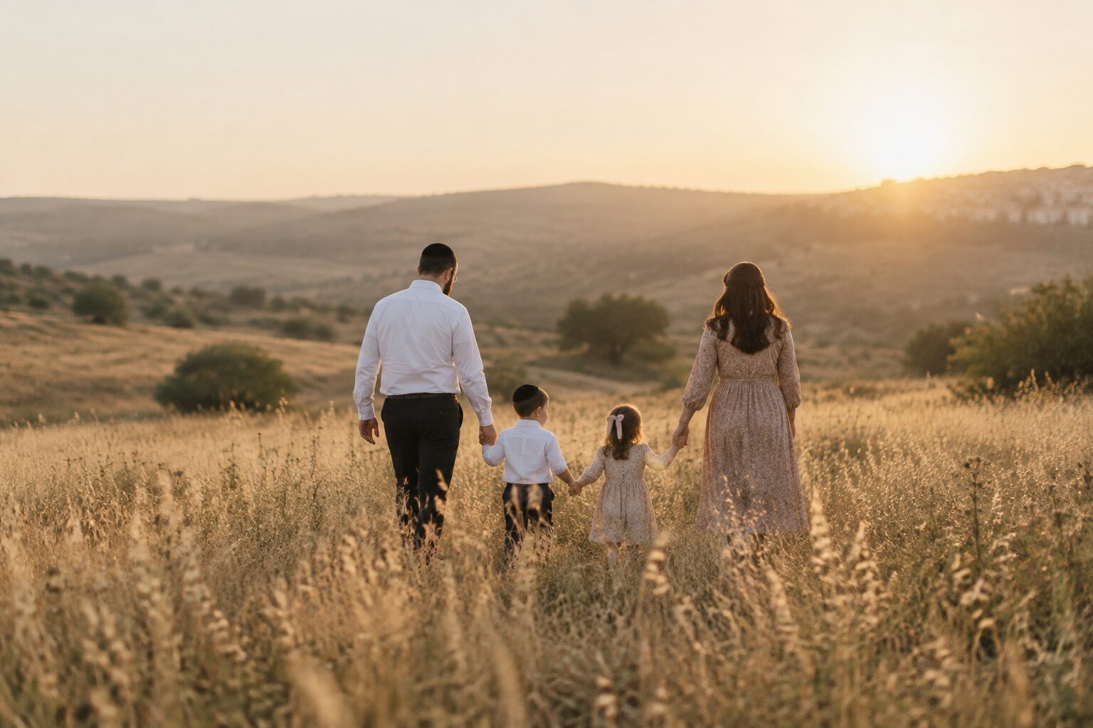 Family walking through a golden field at sunset