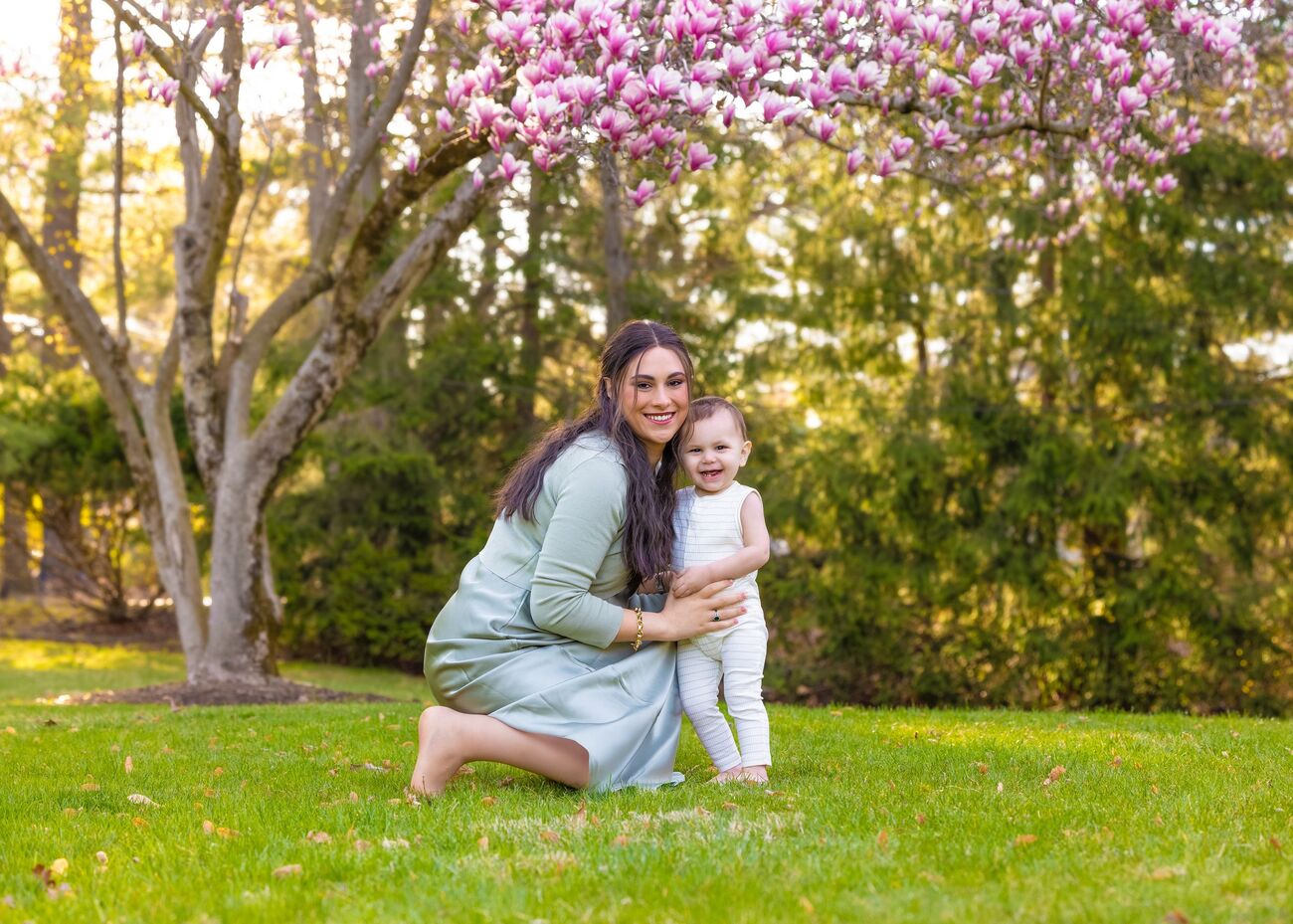 Mother and daughter in the spring garden
