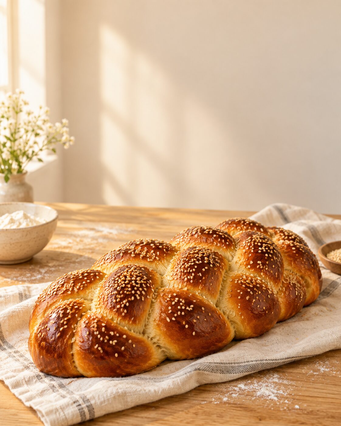Braided golden challah on linen